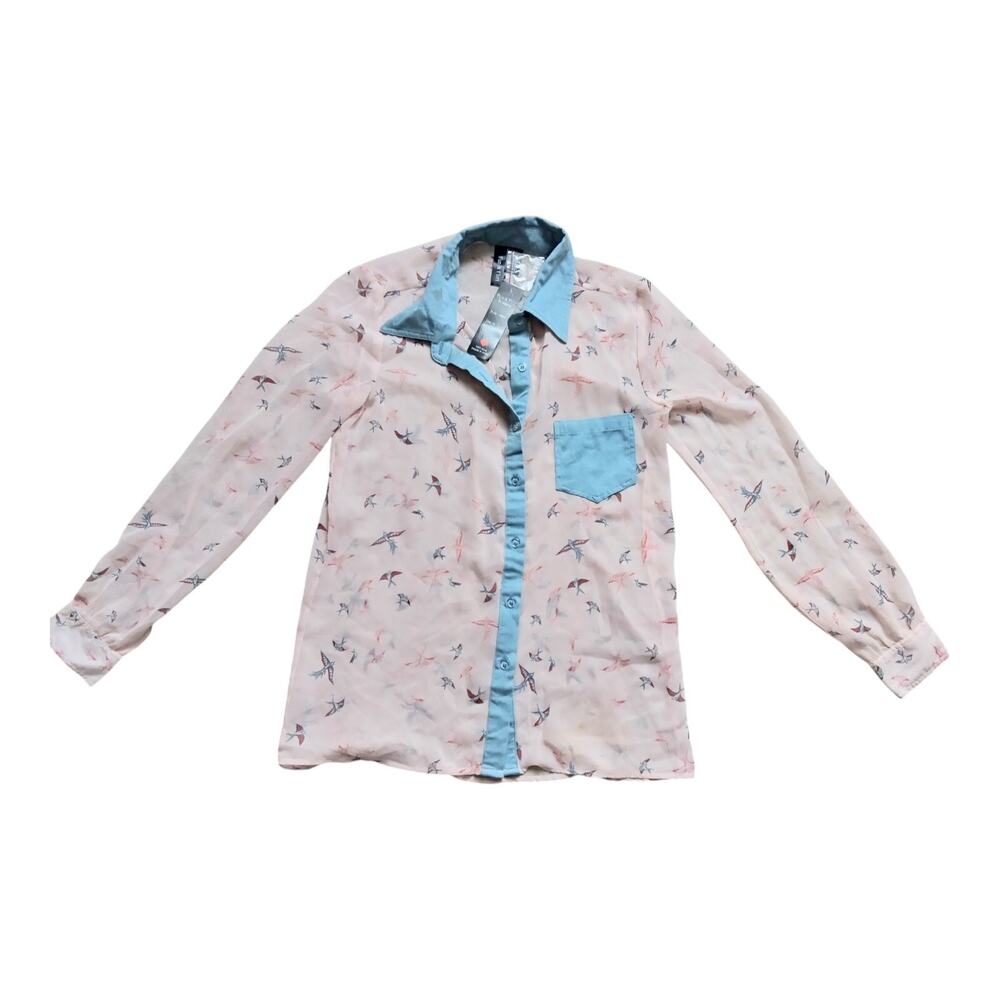 NWT Women's Fun & Flirt Sheer Pink Button Up , Medium, Birds, Denim Trim
